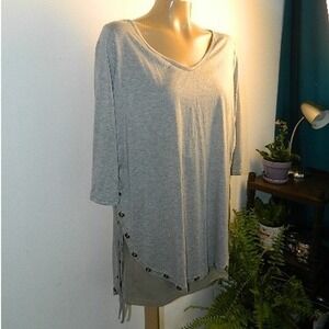 C. Oliver Tunic Top‎ Womens Large Gray Layered Grommet Fringe V-Neck 3/4 Sleeve